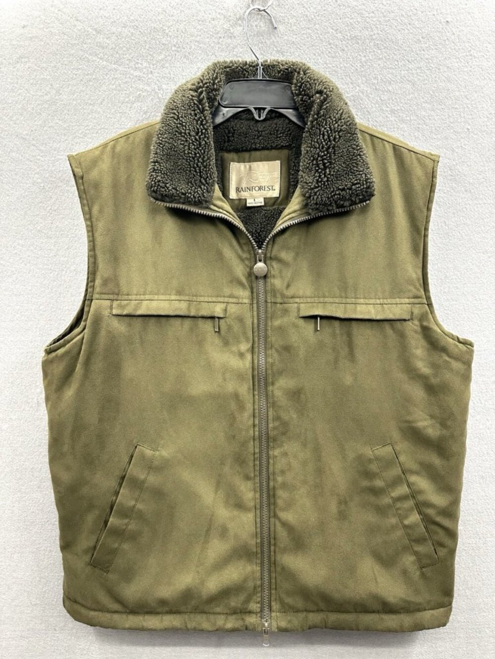 Rainforest RFT Mens Vest Size L Green Micro Suede Sherpa Fleece Lined Full Zip